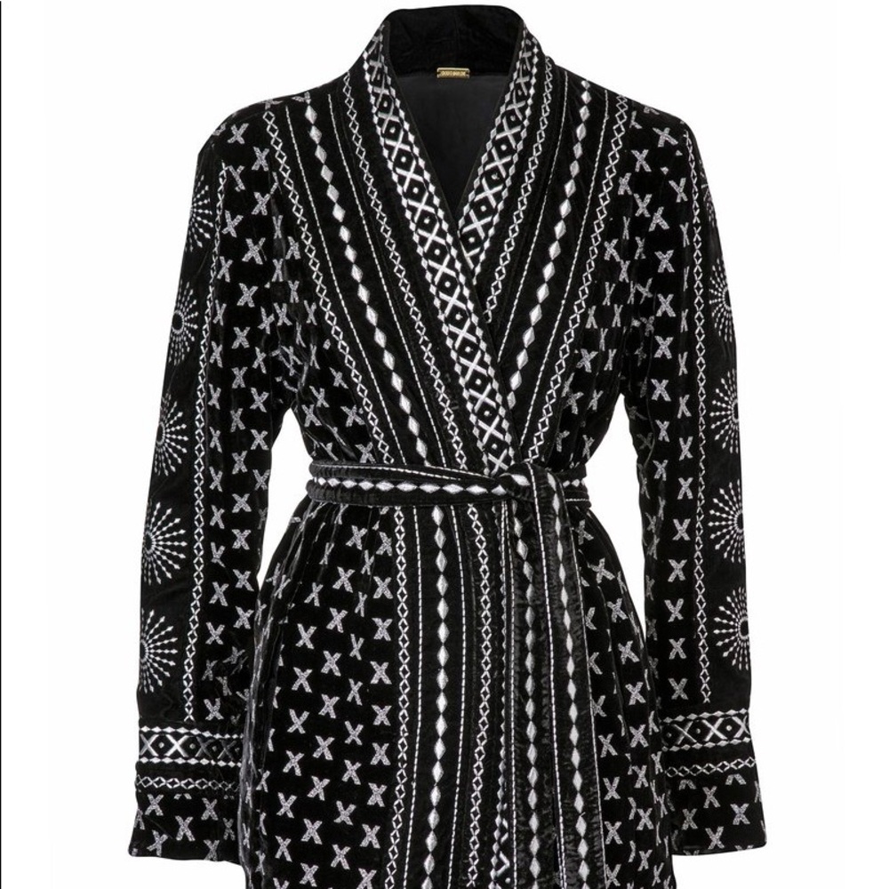 •DODO BAR OR Lurex Kimono Print Black and Silver Robe